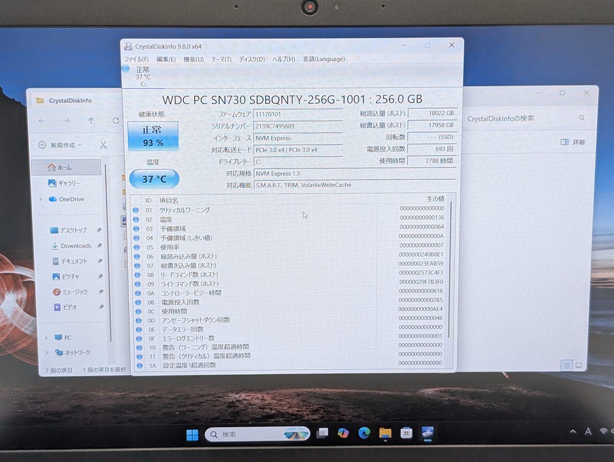 SSDの稼働状況と健康度を表示した点検画面の例